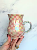 Pink Checkered Mug, Iridescent Porcelain Mug, Pottery Mug