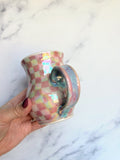 Pink Checkered Mug, Iridescent Porcelain Mug, Pottery Mug