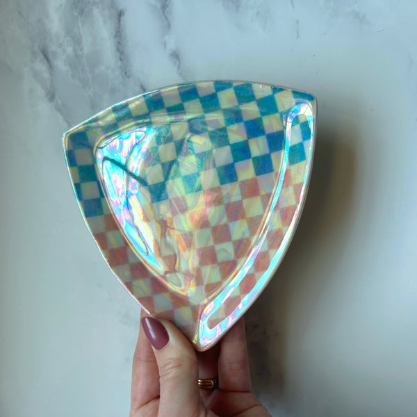 Pink and Blue Triangle Tray Iridescent Altar Ring Jewelry Dish