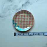 Checkered Dish Blue and Pink Iridescent Altar Ring Jewelry Dish
