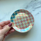 Checkered Dish Blue and Pink Iridescent Altar Ring Jewelry Dish