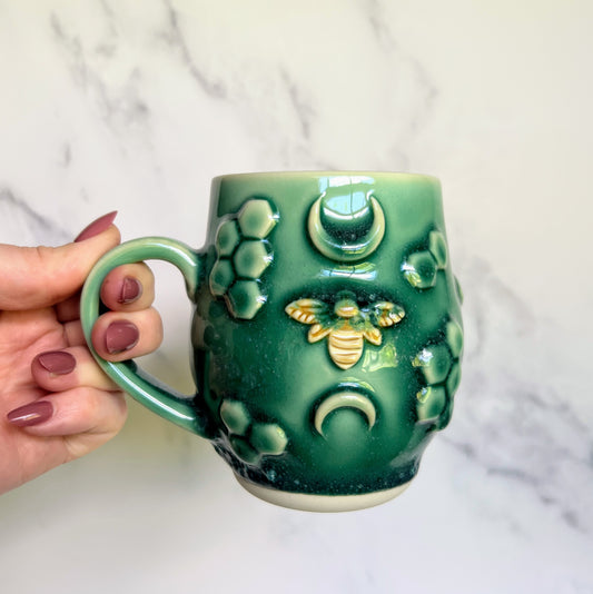 IMPERFECT Honey Bee Mug, Green Honey Comb Pottery Mug