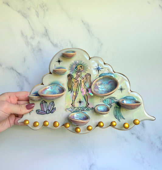 IMPERFECT Cloud Jewelry Wall Hanging Twin Goddess Necklace Display with Ring Dishes