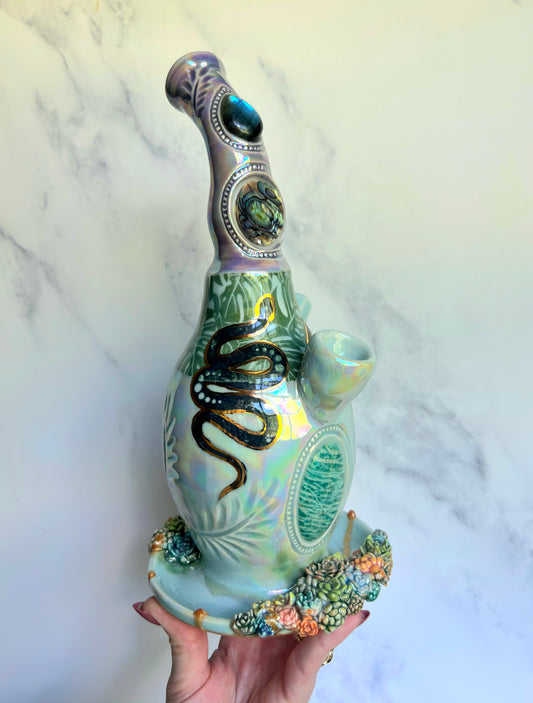 IMPERFECT Crystal Snake Bubbler Pipe, Goddess Garden Porcelain Ceramic Water Pipe