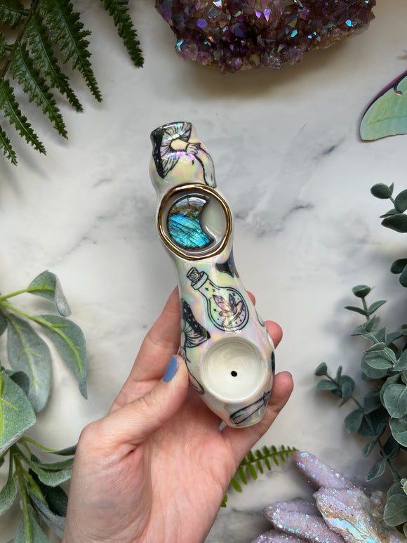 Labradorite Moon Mushrooms and Witchy Bottle Porcelain Ceramic Smoking Pipe