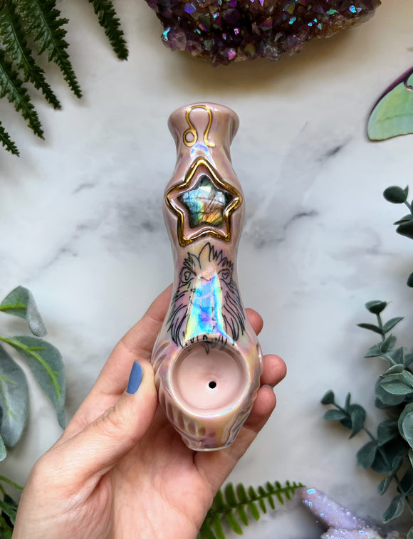 Leo Labradorite Star Zodiac Sign Porcelain Ceramic Smoking Pipe
