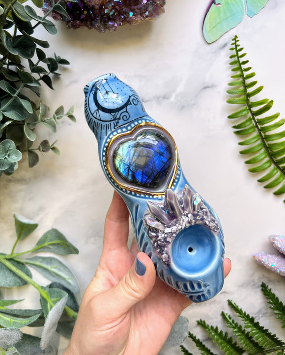 Labradorite Heart Pipe with Dreamy Moon and Crystal Cluster Porcelain Ceramic Smoking Pipe