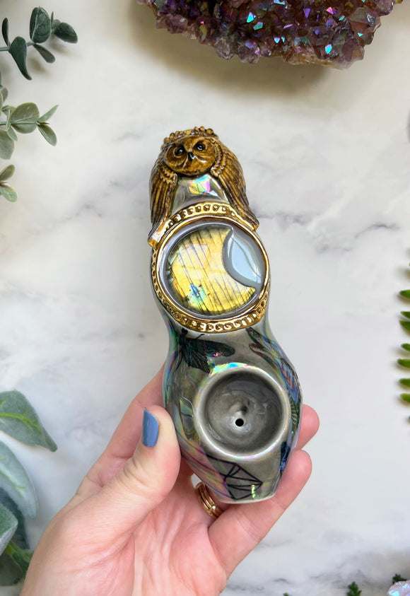 Labradorite Pipe with Owl, Wolf and Dragonfly Porcelain Ceramic Smoking Pipe