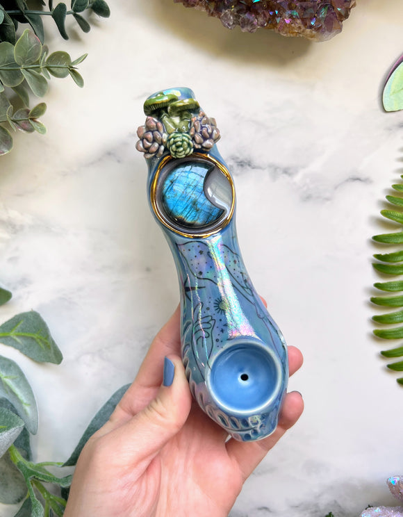 Labradorite Pipe with Mushrooms and Floating Cosmic Goddess Porcelain Ceramic Smoking Pipe