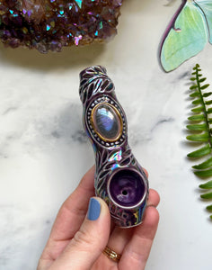 Mini Labradorite Pipe Iridescent Plum Carved Porcelain Ceramic Smoking Pipe