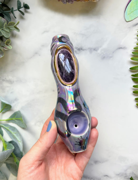 Charoite Purple Pipe with Snake and Mushroom Porcelain Smoking Pipe