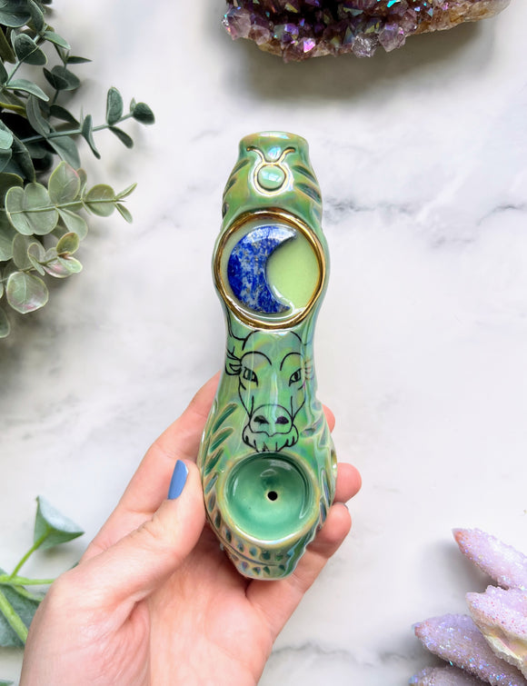 Lapis Lazuli Moon Pipe Taurus Zodiac Sign Porcelain Ceramic Smoking Pipe