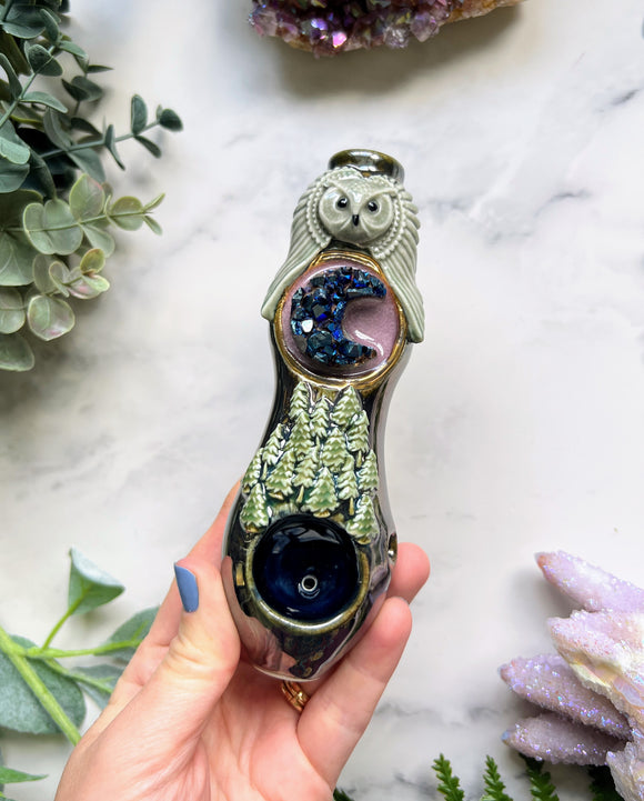 Cobalt Moon Pipe with Owl and Forest Trees Ceramic Porcelain Smoking Pipe