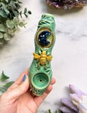 Cobalt Moon Pipe with Gold Bee Ceramic Porcelain Smoking Pipe