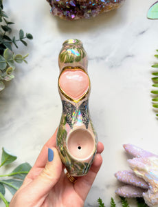 IMPERFECT Rose Quartz Heart Pipe Monstera and Butterfly Pipe Ceramic Porcelain Smoking Pipe