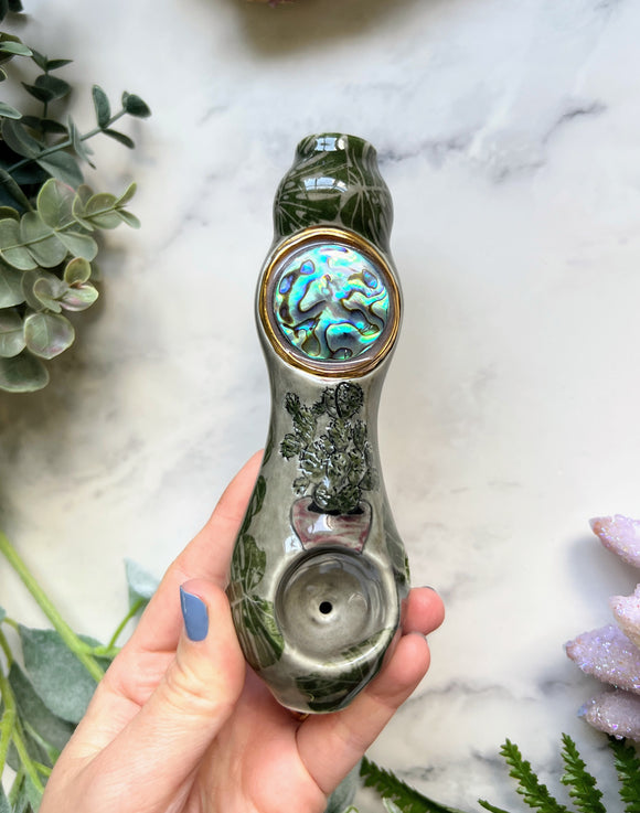 Abalone Pipe with Cactus House Plant Monstera Ceramic Porcelain Smoking Pipe