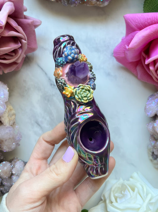 Amethyst Pipe with Succulents, Rainbow Mulberry Ceramic Porcelain Smoking Pipe
