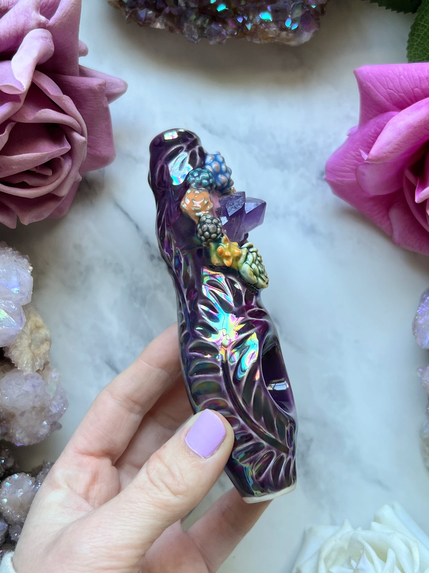 Amethyst Pipe with Succulents, Rainbow Mulberry Ceramic Porcelain Smoking Pipe