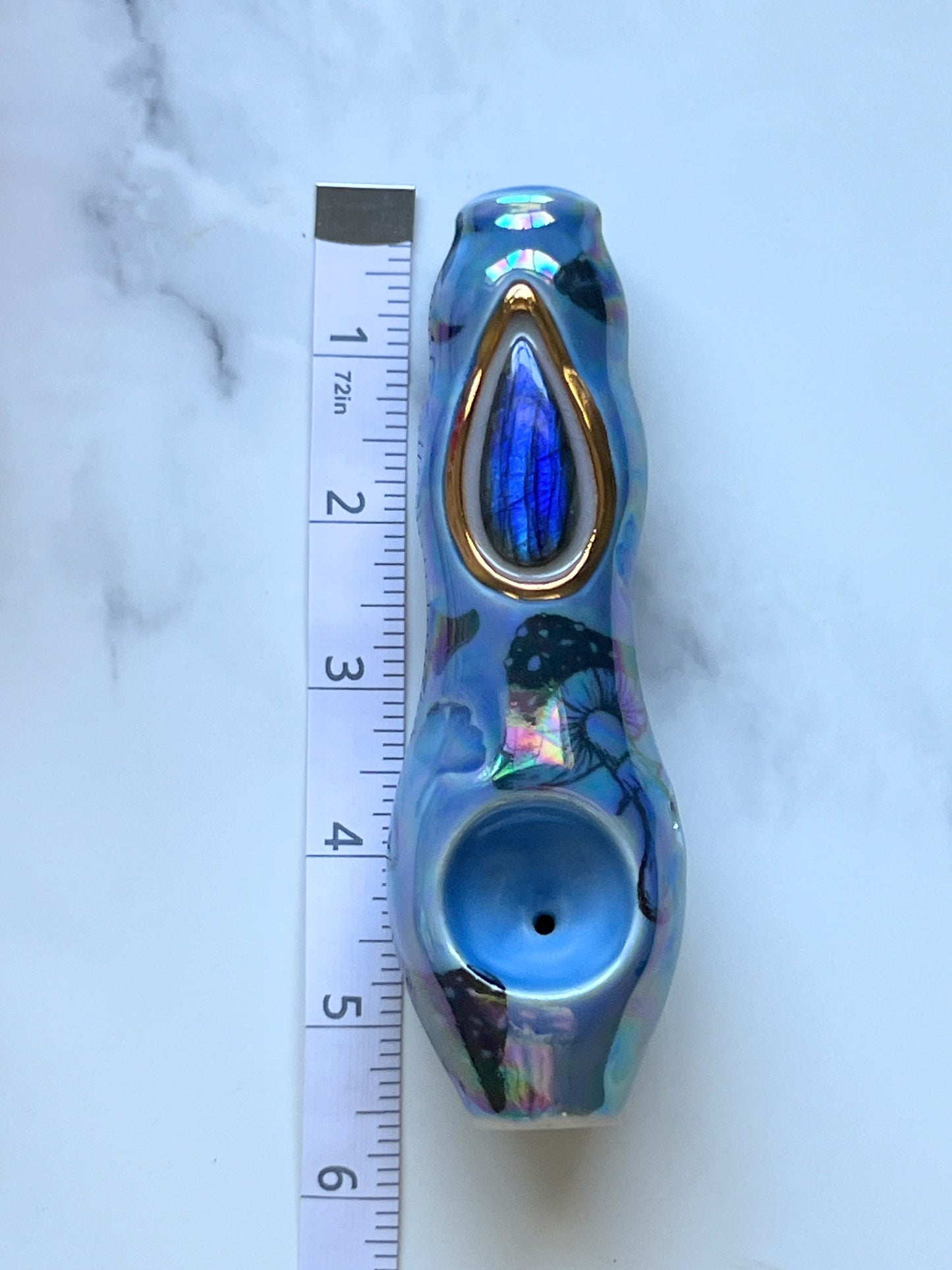 Blue Labradorite Pipe with Mushrooms and Ginkgo Leaf Porcelain Smoking Pipe Clay Pipe