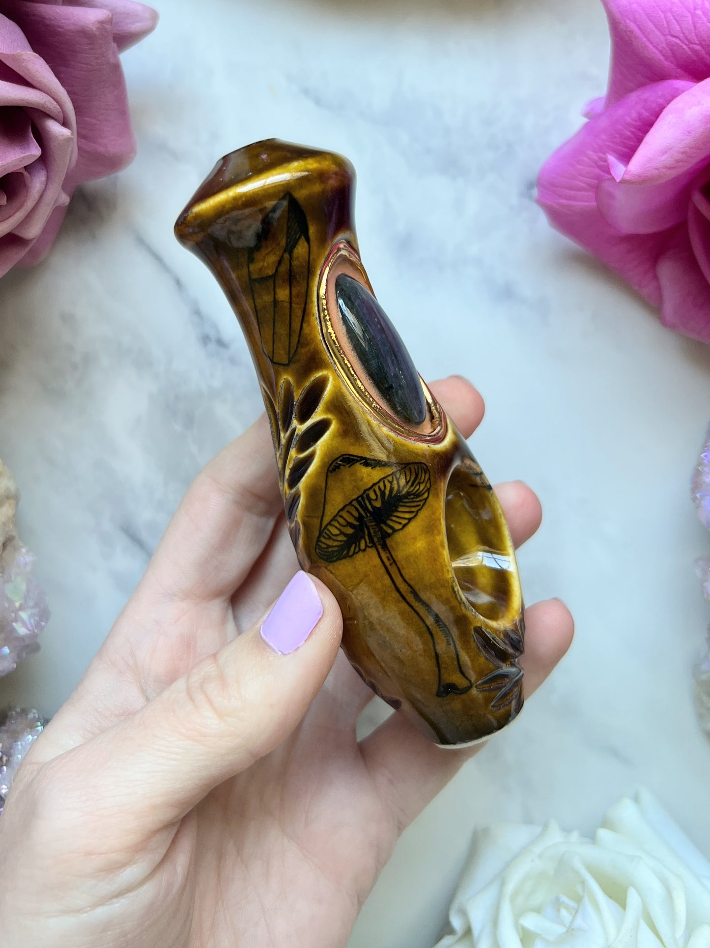 Labradorite Pipe with Mushroom and Beetle Porcelain Smoking Pipe Clay Pipe