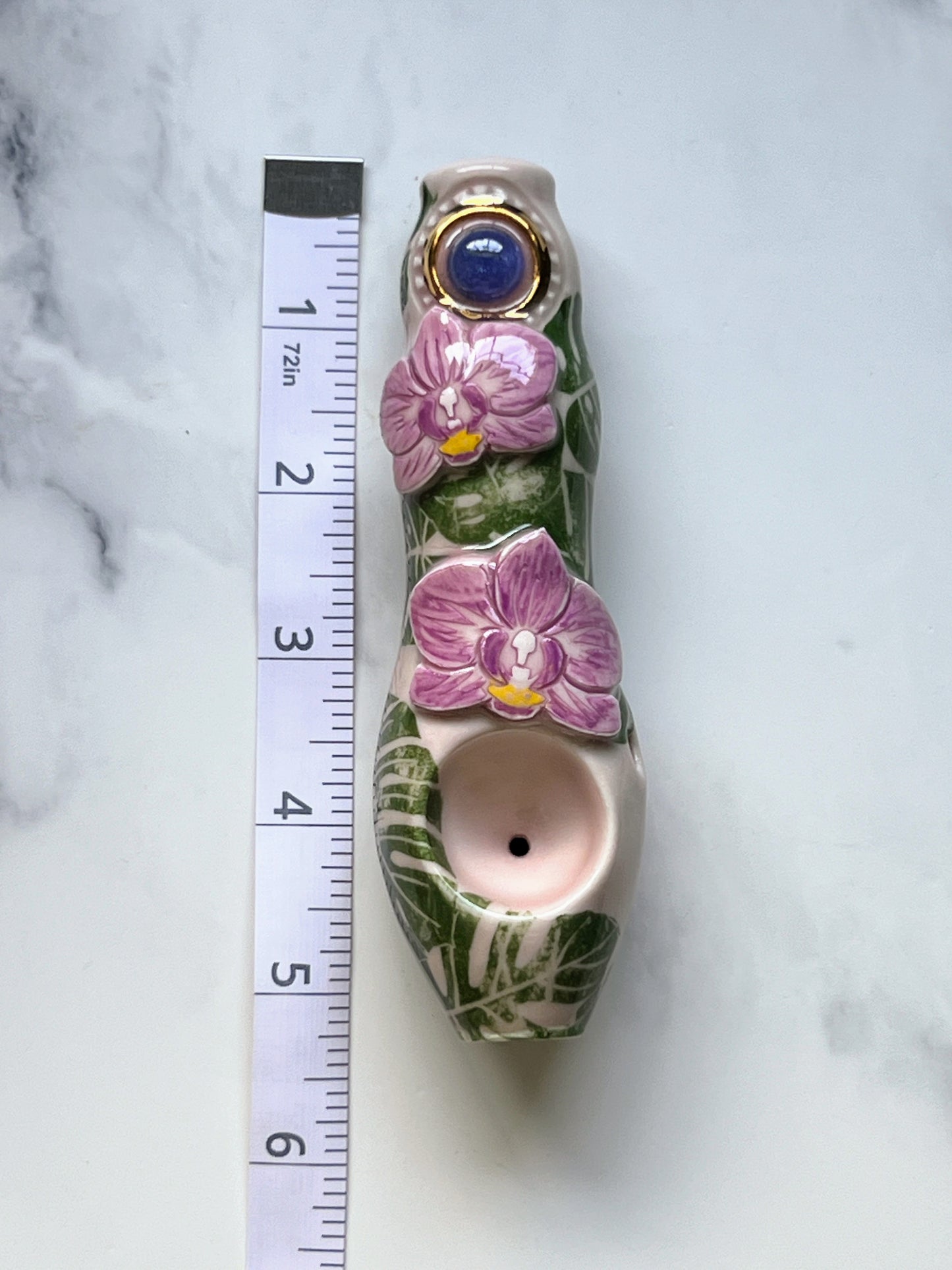 Kyanite Crystal Pipe Orchid and Monstera Leaf Ceramic Porcelain Smoking Pipe