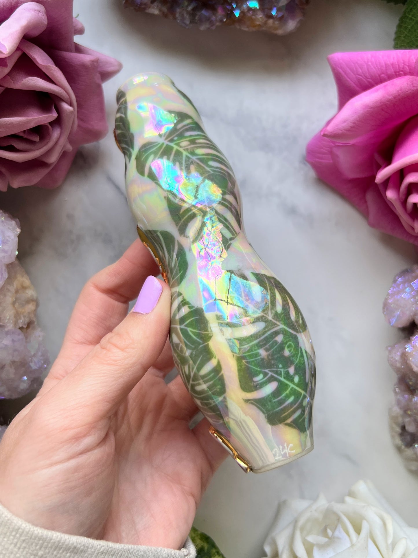 Abalone Pipe with Orchid Flower, Humming Bird  and Monstera Leaf Ceramic Porcelain Smoking Pipe Clay Pipe