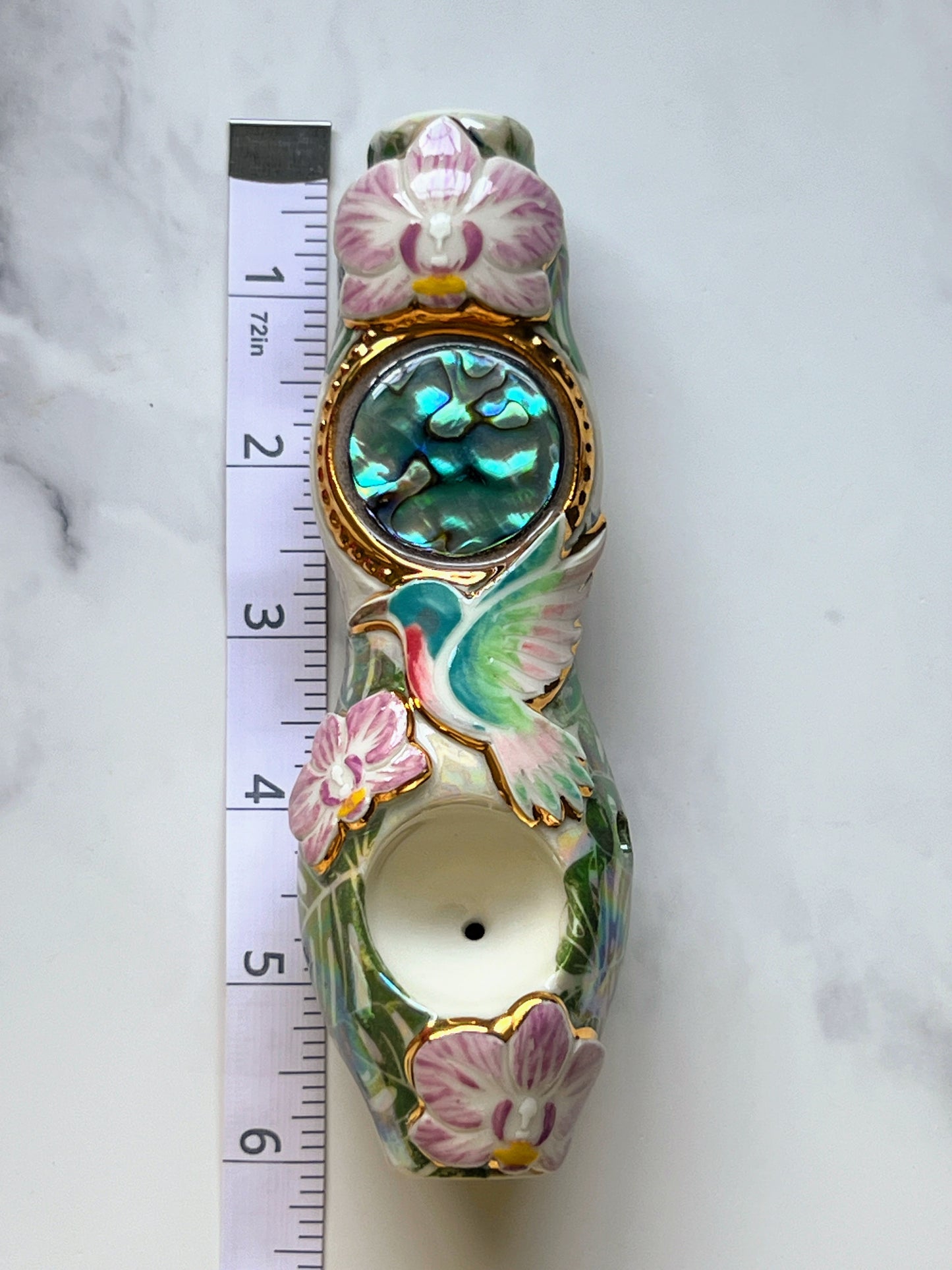 Abalone Pipe with Orchid Flower, Humming Bird  and Monstera Leaf Ceramic Porcelain Smoking Pipe Clay Pipe