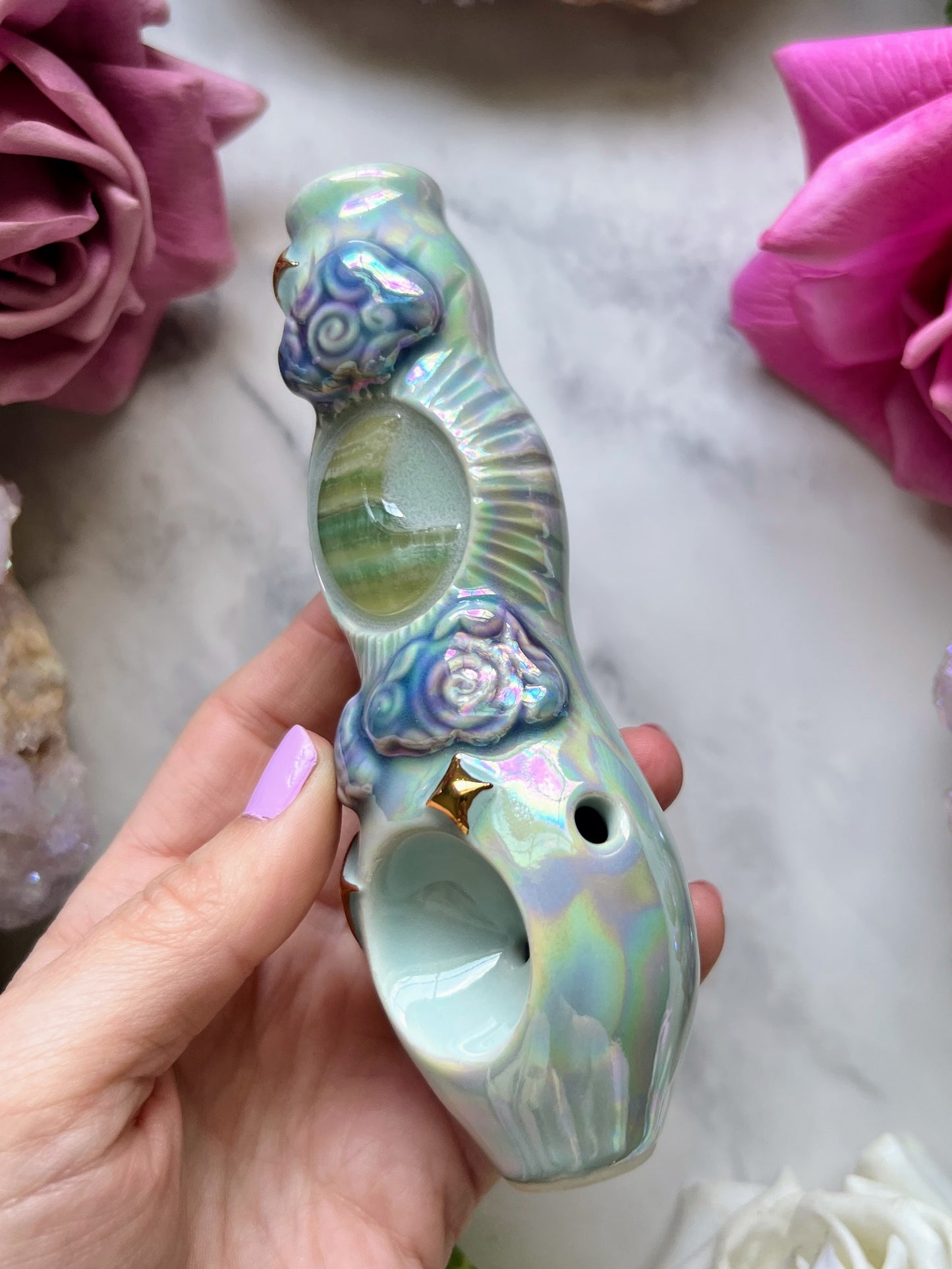 Fluorite Moon Pipe Dreamy Clouds Crystal Porcelain Smoking Pipe