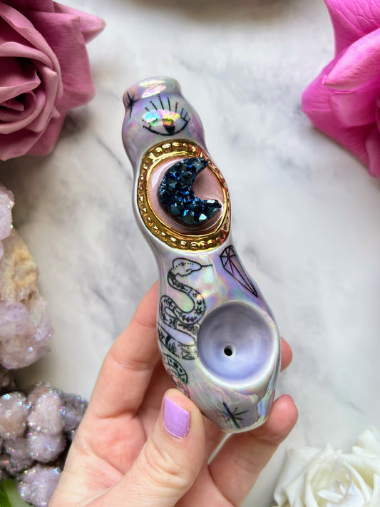 Cobalt Moon Crystal Pipe with Witchy Snake Ceramic Porcelain Smoking Pipe Clay Pipe