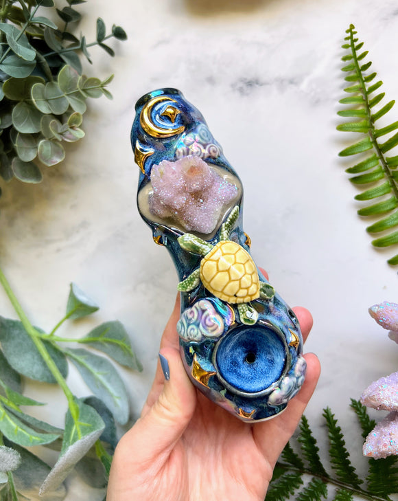 Aura Spirit Quartz Pipe, Dreamy Night Sky Sea Turtle Porcelain Ceramic Smoking Pipe