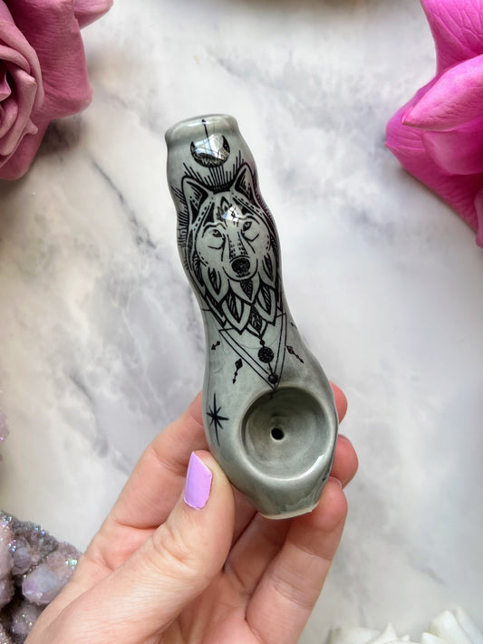 Mini Gray Wolf Pipe Witchy Ceramic Porcelain Smoking Pipe
