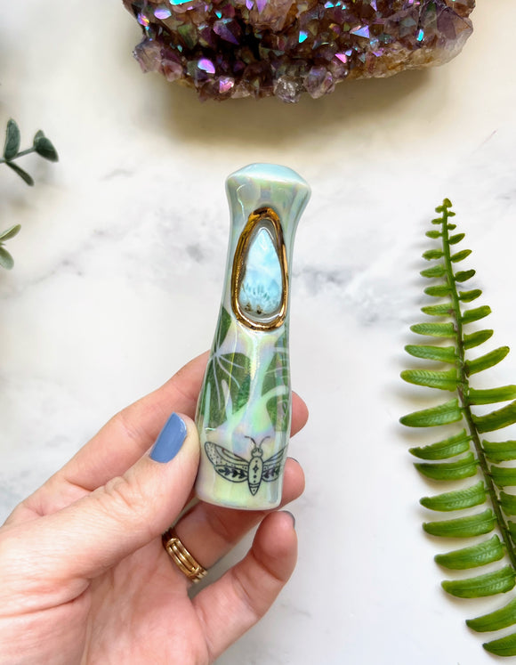 Larimar Pipe Chillum with Moth and Monstera Leaf Porcelain Smoking Pipe