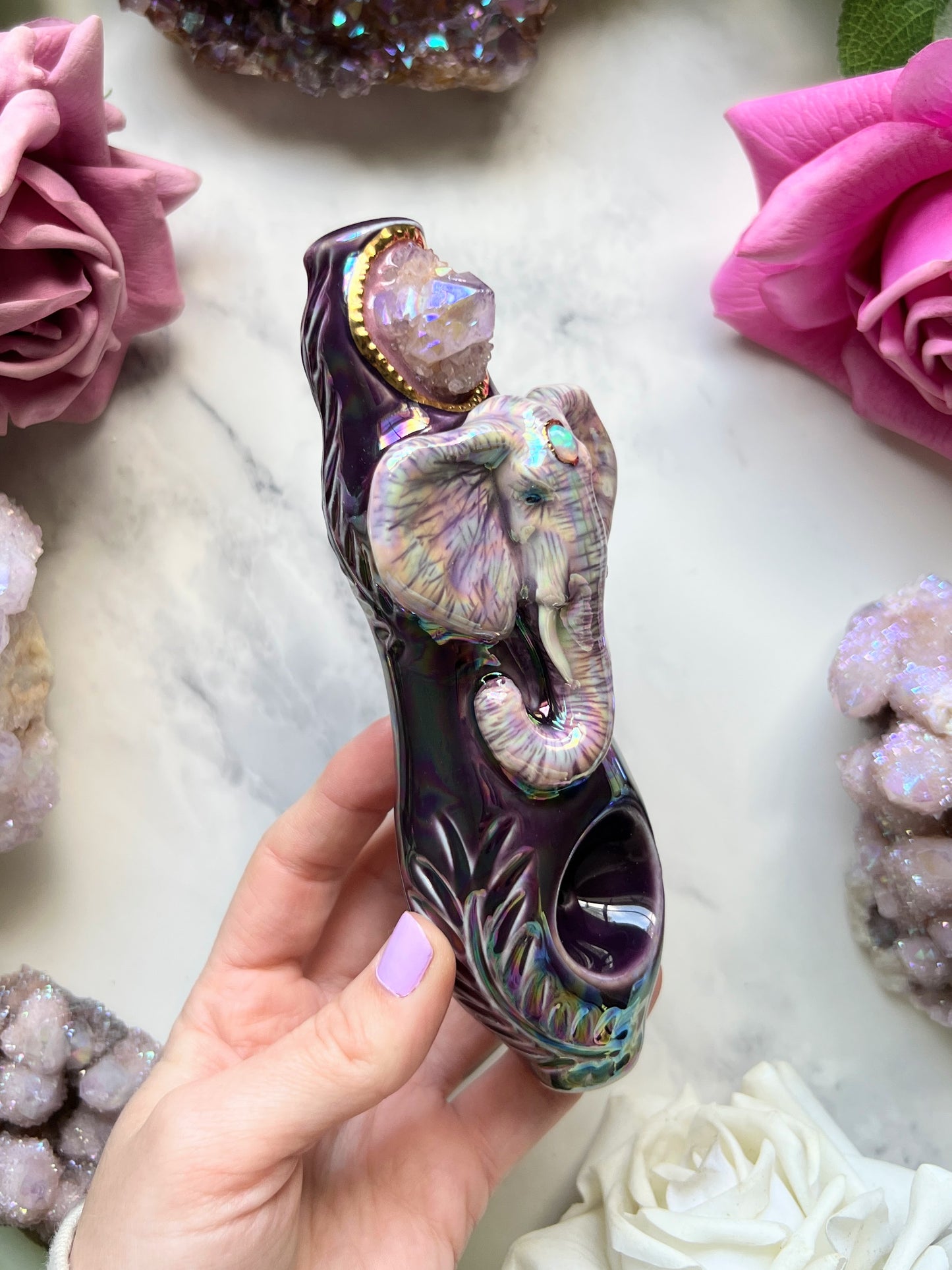 Aura Spirit Quartz Opal Pipe with Rainbow Elephant Crystal Porcelain Ceramic Smoking Pipe