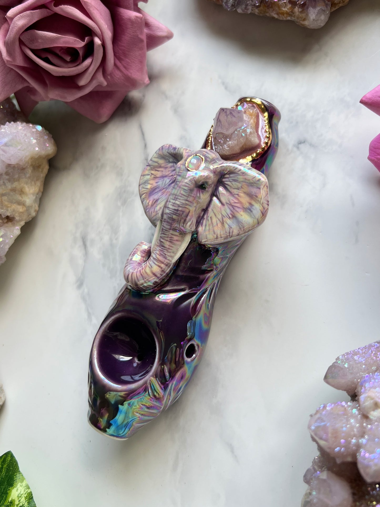 Aura Spirit Quartz Opal Pipe with Rainbow Elephant Crystal Porcelain Ceramic Smoking Pipe