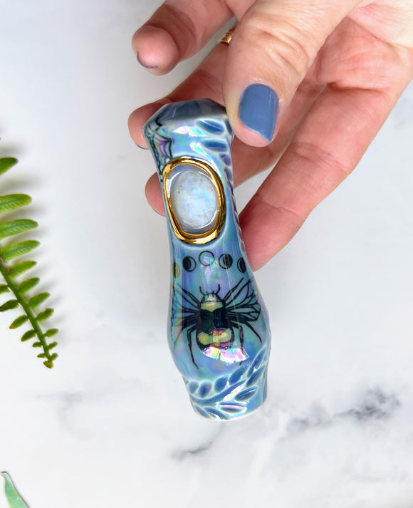 Moonstone Chillum Pipe with Bee Moon Phases Porcelain Ceramic Smoking Pipe