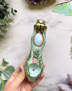Moonstone Pipe with Butterfly and Aloe Plant Monstera House Plant Porcelain Ceramic Smoking Pipe