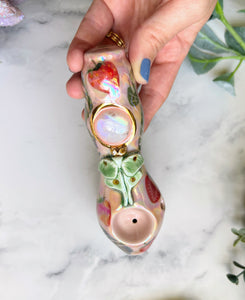 Moonstone Pipe with Luna Moth and Strawberry Porcelain Ceramic Smoking Pipe