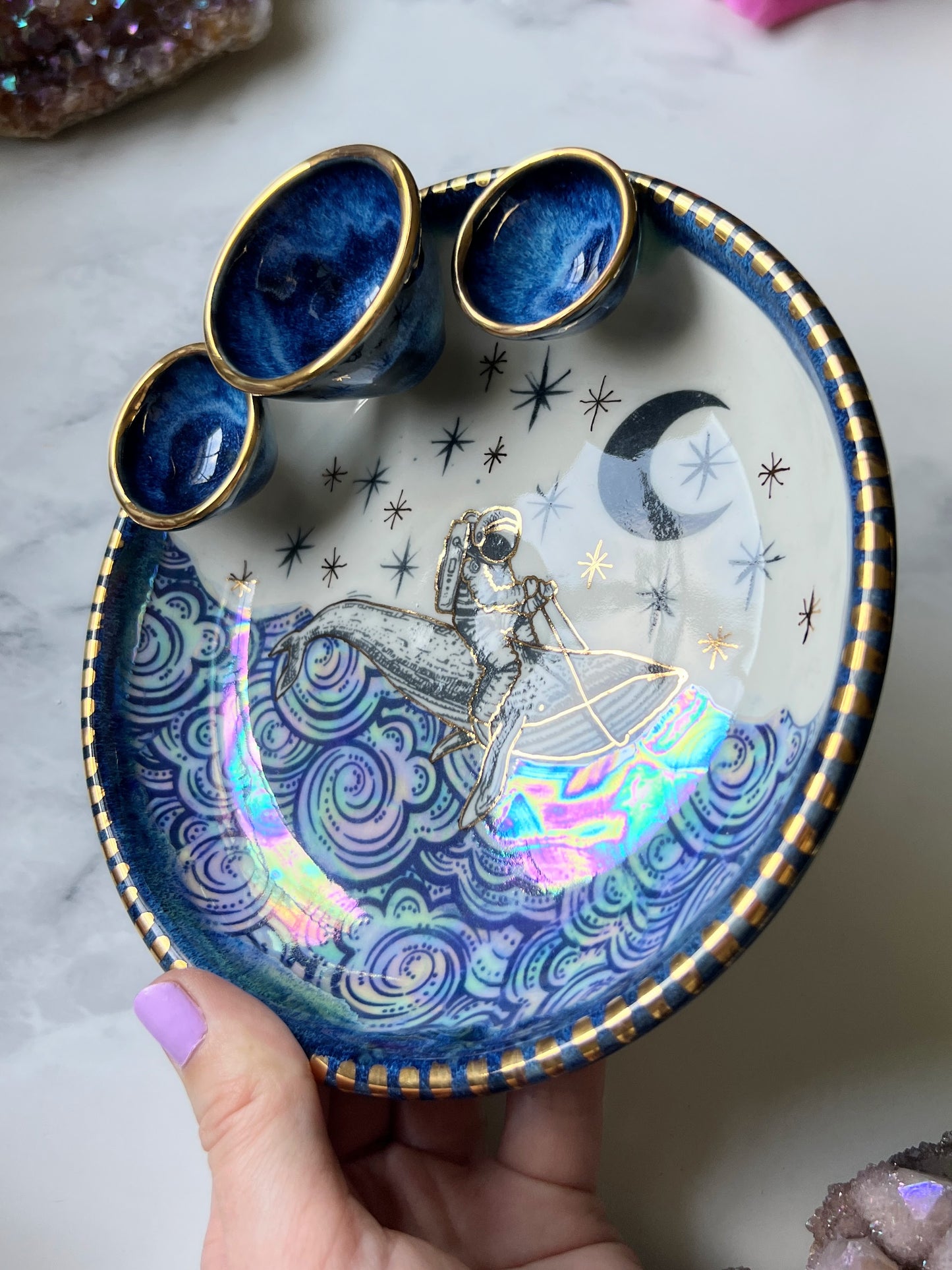 Astronaut Whale Ocean Tray Irridescent Tray Gold Blue Altar Tray Witchy Jewelry Dish