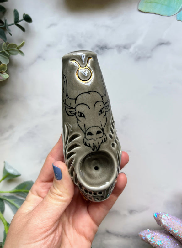 Taurus Pipe Gray Zodiac Sign Porcelain Ceramic Smoking Pipe