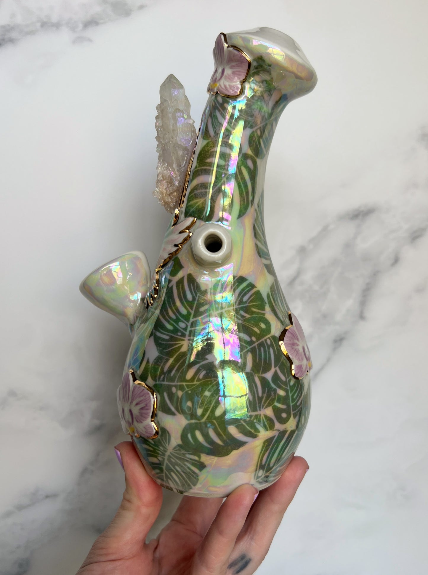 Aura Spirit Quartz Orchid Bubbler Pipe with Humming Bird and Rainbow Monstera Crystal Porcelain Ceramic Water Pipe
