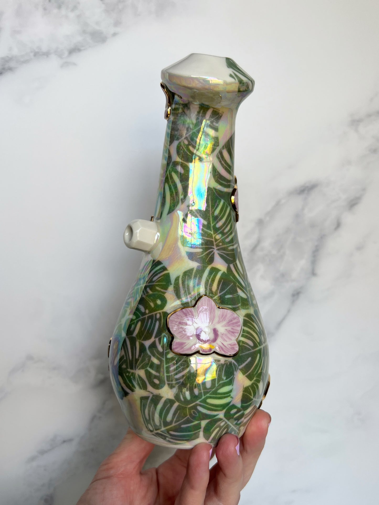 Aura Spirit Quartz Orchid Bubbler Pipe with Humming Bird and Rainbow Monstera Crystal Porcelain Ceramic Water Pipe