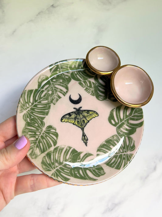 Luna Moth Monstera Tray Plate, Altar Tray Witchy Jewelry Dish