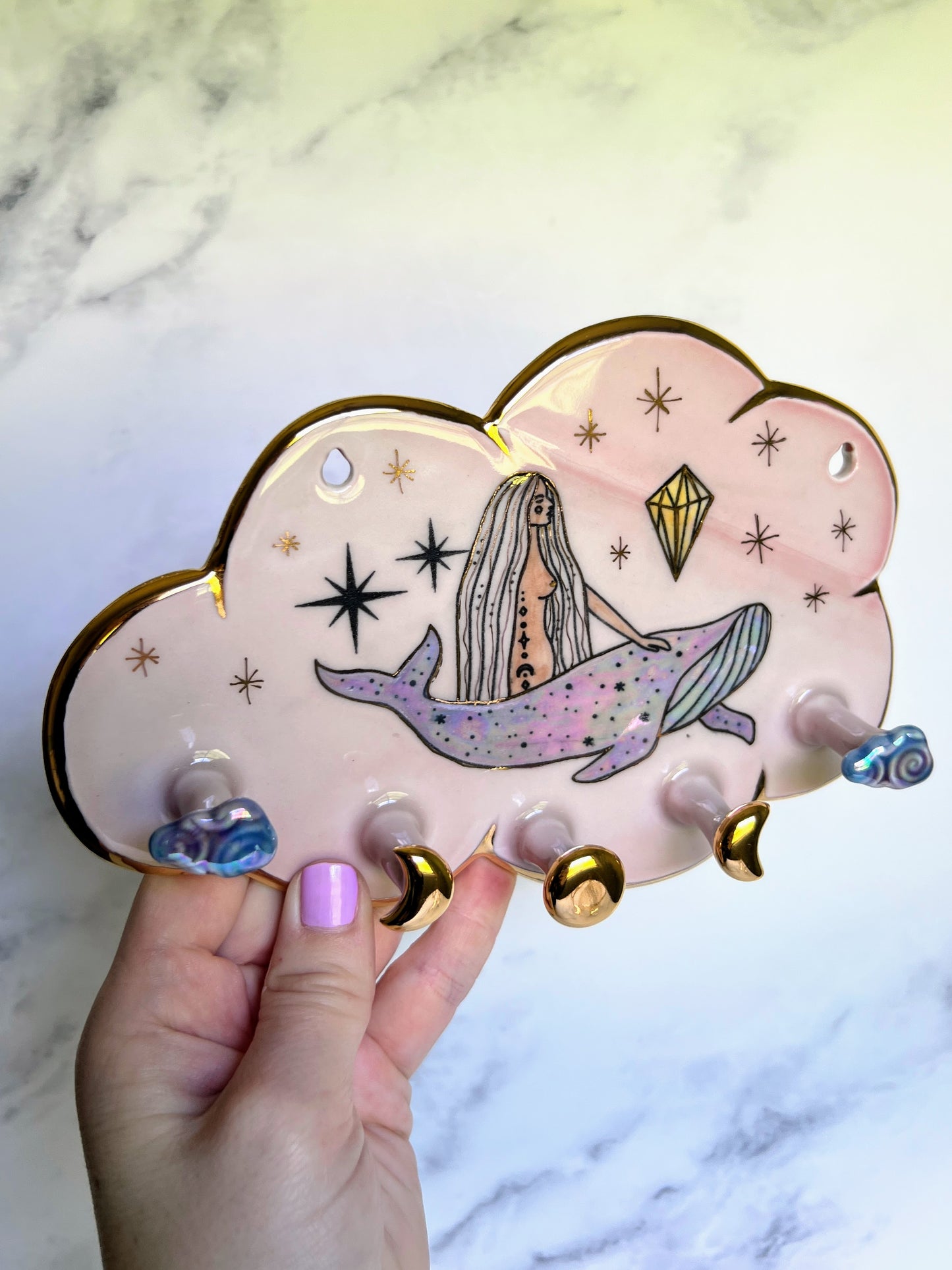 Dreamy Cloud Jewelry Wall Hanging Whale Goddess Moon Phase Witchy Necklace Display