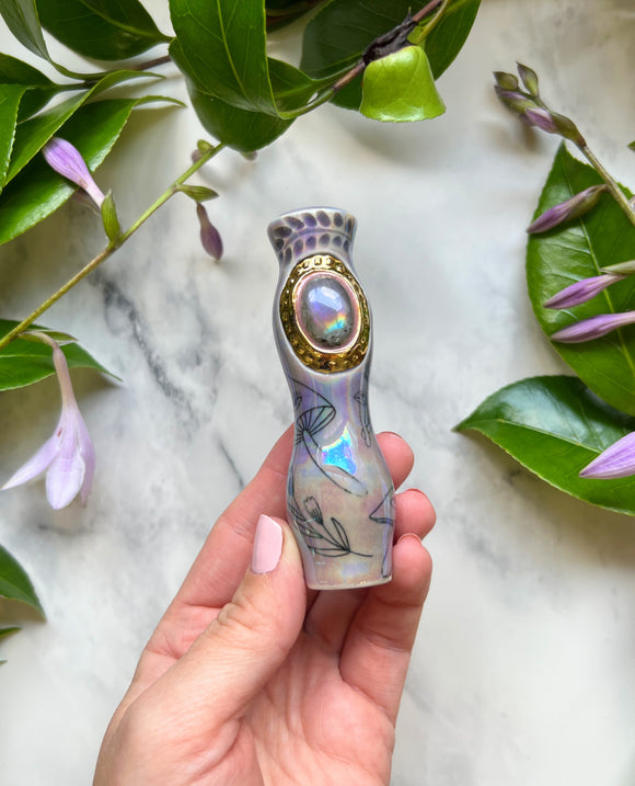 Purple Labradorite Chillum Pipe with Mushrooms Porcelain Ceramic Smoking Pipe