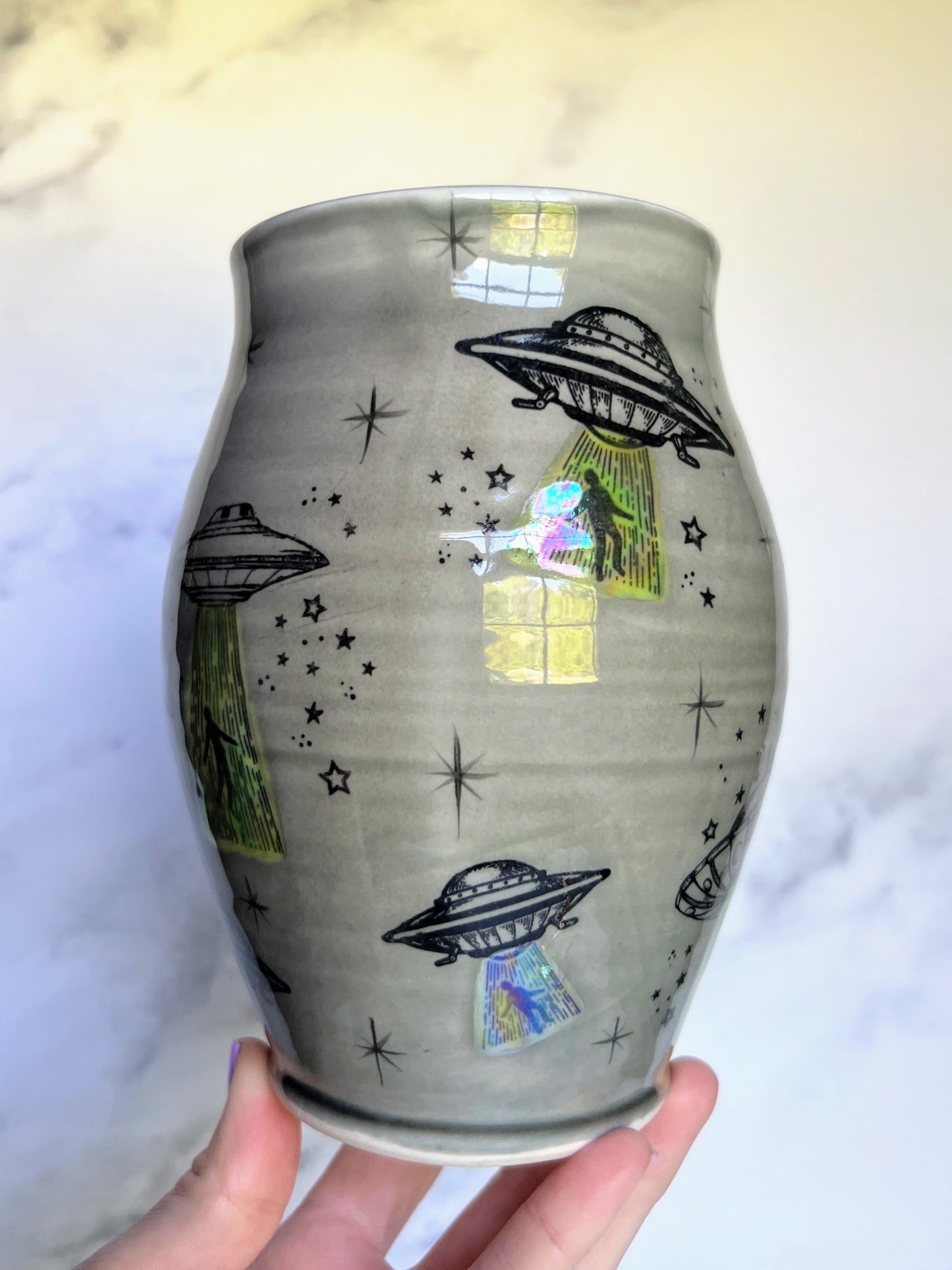 UFO Abduction Porcelain Vase, Alien Pottery Flower Vase