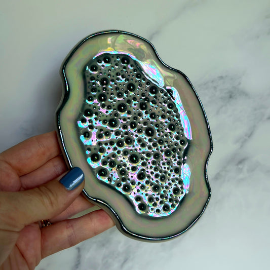 Textured Oval Dish Square Iridescent Altar Ring Jewelry Tray