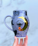 Opal Crystal Mug, Bee and Gold Moon, Goddess Twins, Purple Mug Porcelain Ceramic Rainbow Iridescent Mug