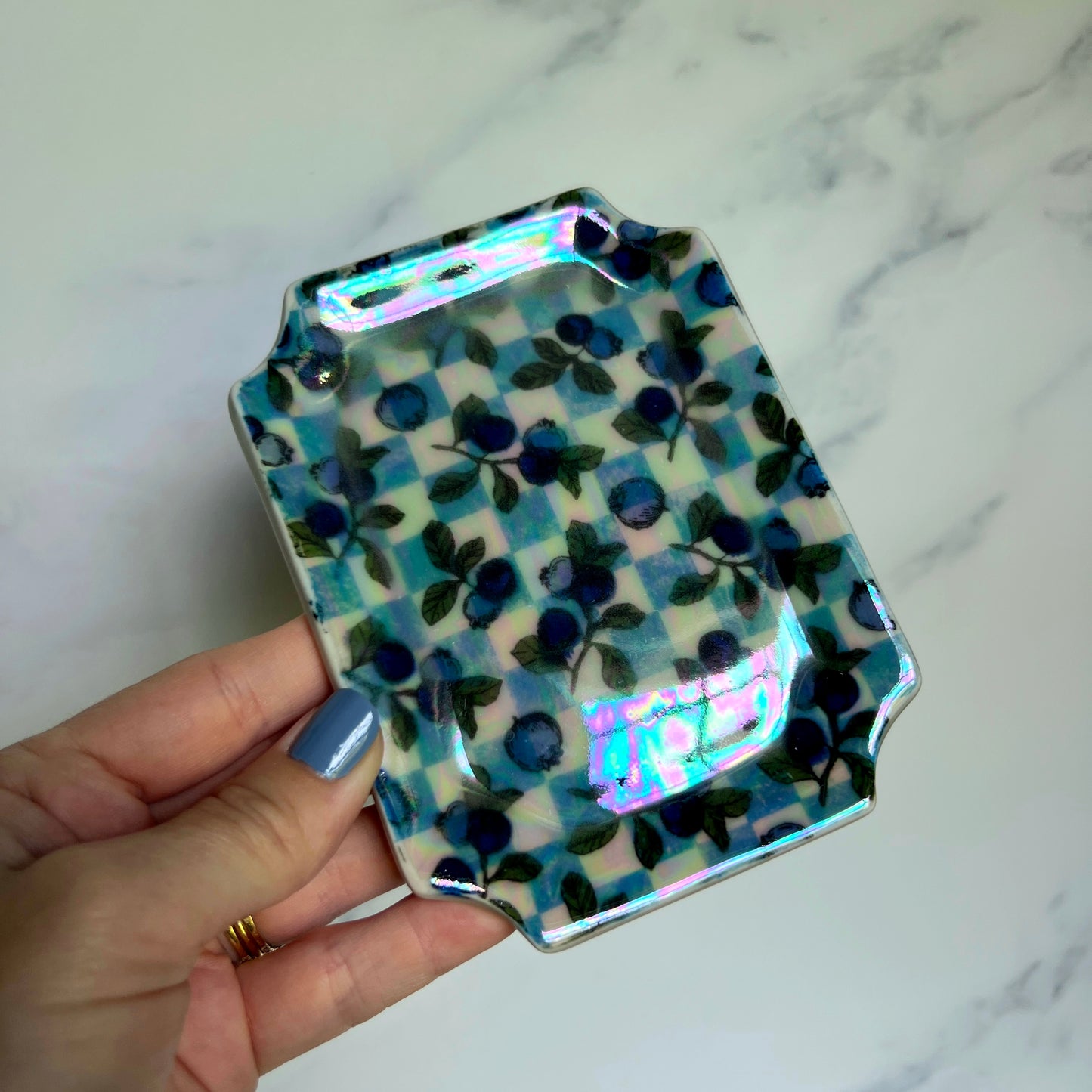 Blueberry Checkered Dish Iridescent Altar Ring Jewelry Tray