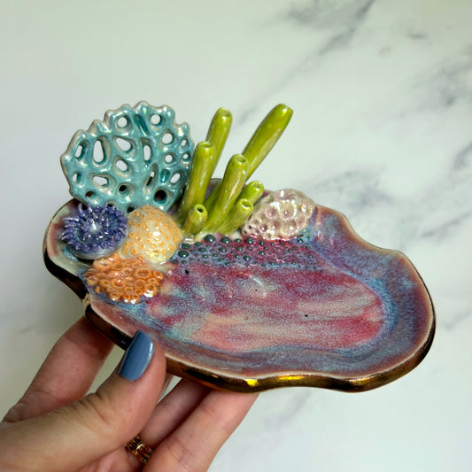 Oval Coral Reef Dish Iridescent Altar Ring Jewelry Dish