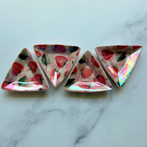 4 Piece Set - Strawberry Triangle Dish Iridescent Altar Ring Jewelry Tray